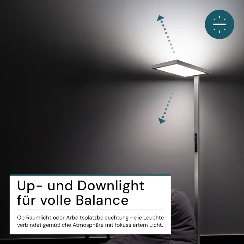 LED Büro-Stehleuchte, Up/Down, in Grau, 100 W, 7000 lm, 4000 K (neutralweiß), UGR<16, CRI98, dimmbar, RG0, Bridgelux LED, Arbeitsplatzleuchte