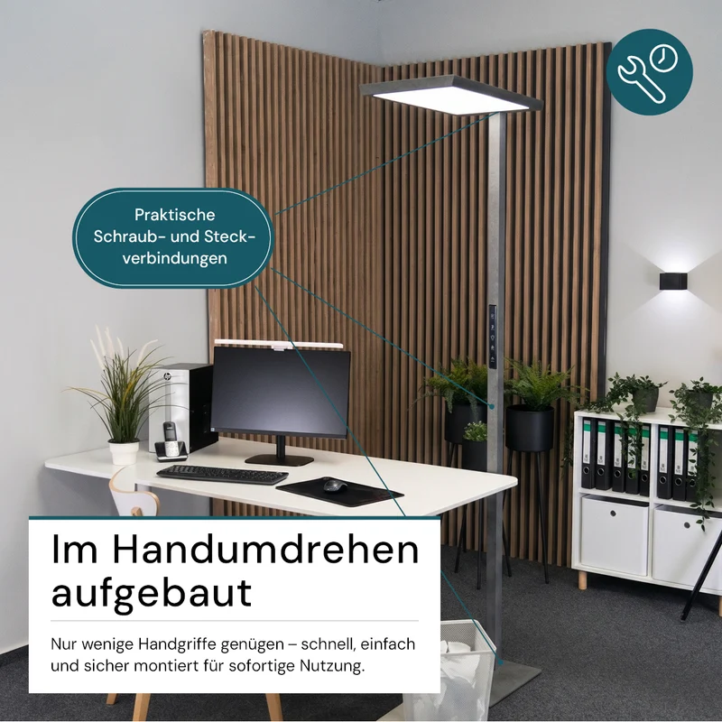 LED Büro-Stehleuchte, Up/Down, in Grau, 100 W, 7000 lm, 4000 K (neutralweiß), UGR<16, CRI98, dimmbar, RG0, Bridgelux LED, Arbeitsplatzleuchte