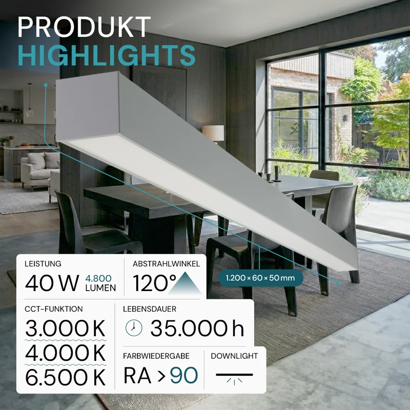 LED Büro-/Tresenleuchte, in Grau, 120 cm, 40W, 4800 lm, 3000-6500 K (CCT), EAGLERISE Netzteil