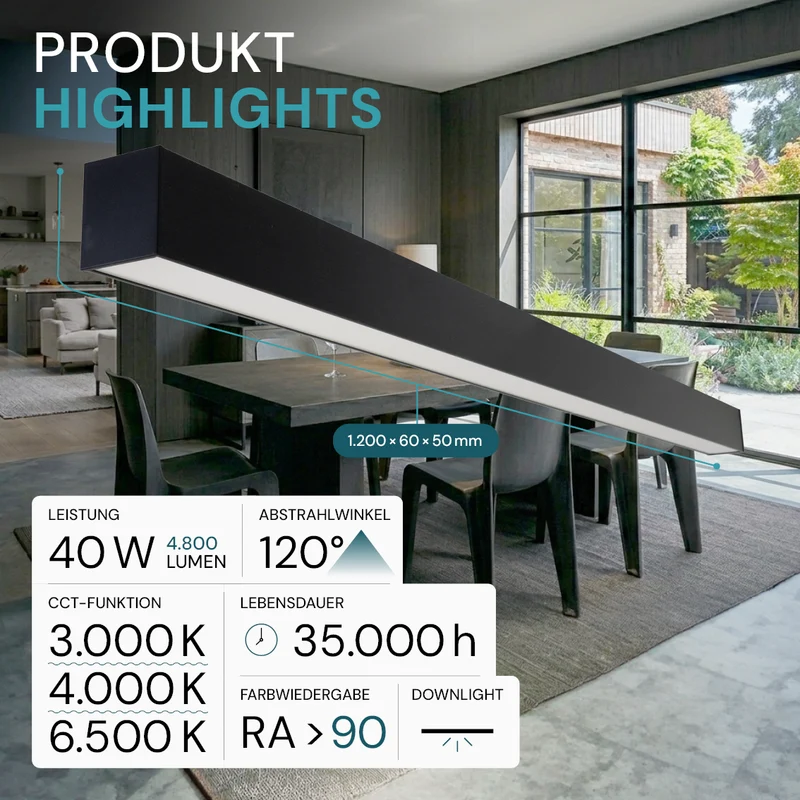 LED Büro-/Tresenleuchte, in Schwarz, 120 cm, 40W, 4800 lm, 3000-6500 K (CCT), EAGLERISE Netzteil