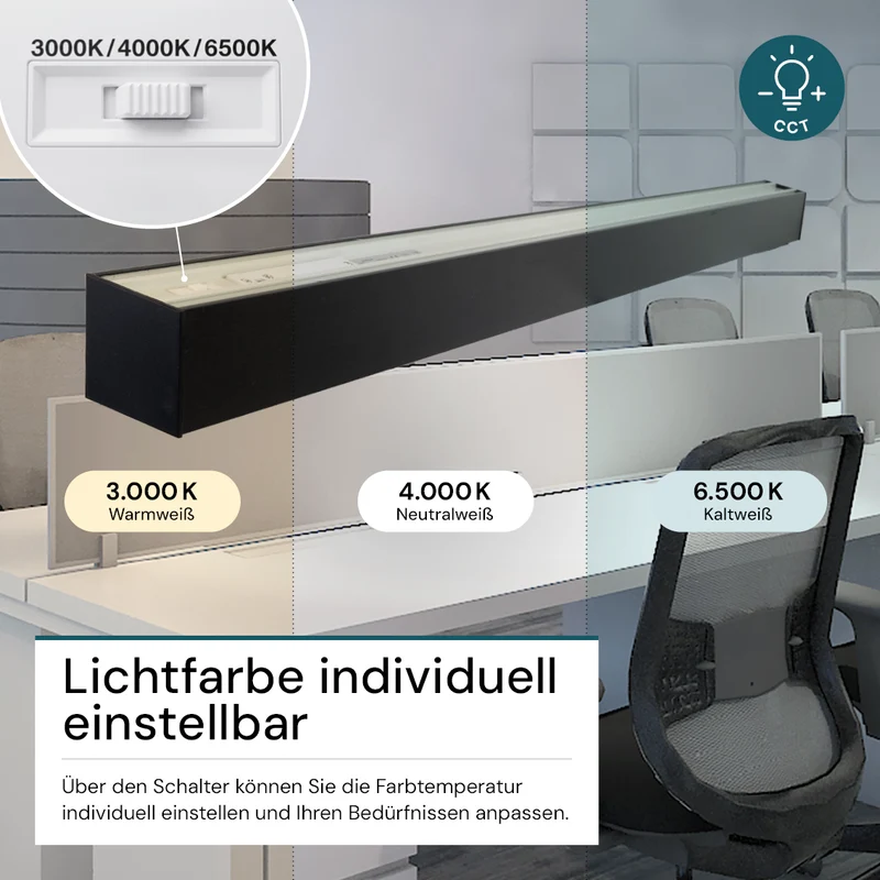 LED Büro-/Tresenleuchte, in Schwarz, 120 cm, 40W, 4800 lm, 3000-6500 K (CCT), EAGLERISE Netzteil