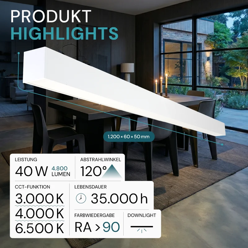 LED Büro-/Tresenleuchte, in Weiß, 120 cm, 40W, 4800 lm, 3000-6500 K (CCT), EAGLERISE Netzteil