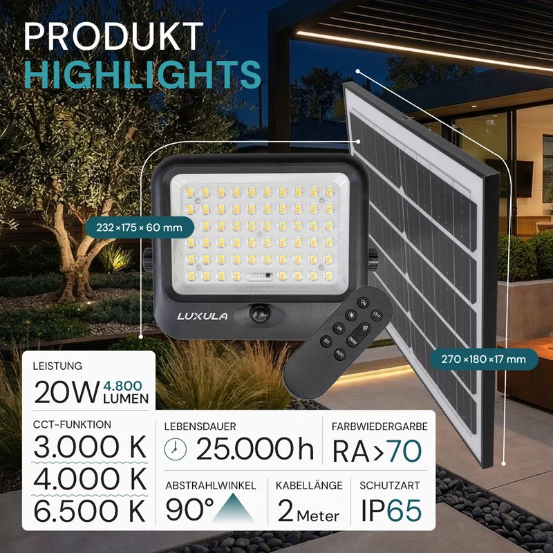 Solarstrahler, LED-Fluter, Solar mit Akku, PIR, 20W, 4800lm, 3CCT, IP65, schwarz