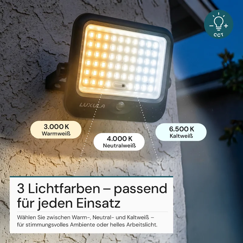 Solarstrahler, LED-Fluter, Solar mit Akku, PIR, 20W, 4800lm, 3CCT, IP65, schwarz