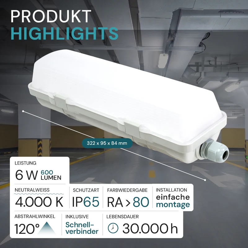 LED Feuchtraumleuchte, 32 cm, 6 W, 600 lm, 4000 K (neutralweiß), IP65, mit Quick Connector