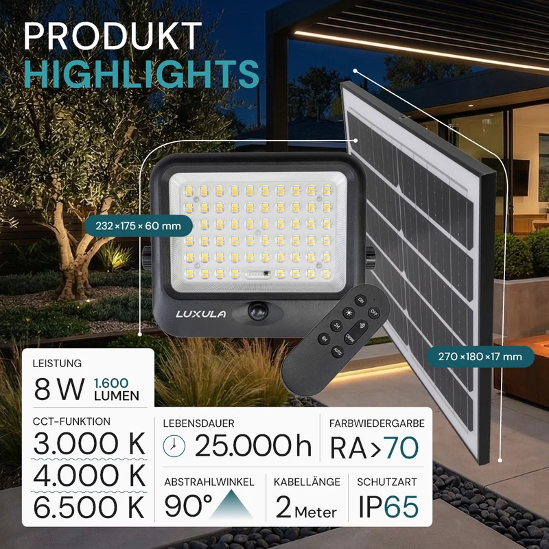 Solarstrahler, LED-Fluter, Solar mit Akku, PIR, 8W, 1600lm, 3CCT, IP65, schwarz