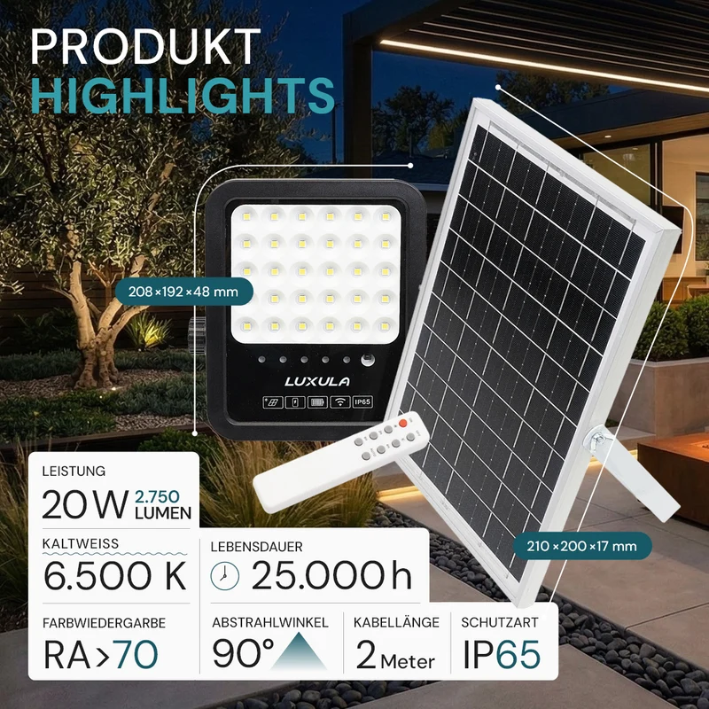 Solarstrahler, LED-Fluter, Solar mit Akku, 20W, 2750lm, 6500K, IP65, schwarz