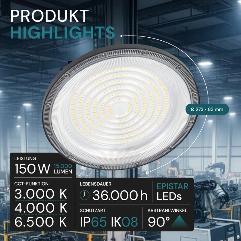 LED-HighBay, UFO, schwarz, 150 W, 15000 lm, 3CCT 3000-6500 K (warm-, neutral-, kaltweiß), IP65