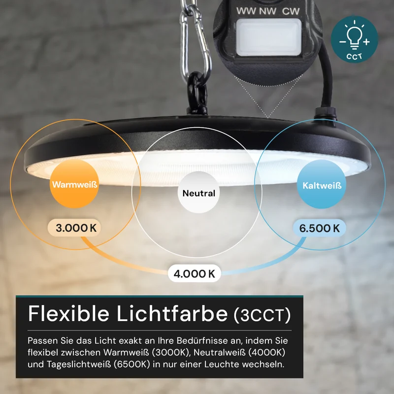 LED-HighBay, UFO, schwarz, 150 W, 15000 lm, 3CCT 3000-6500 K (warm-, neutral-, kaltweiß), IP65