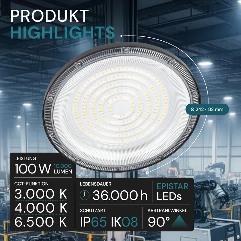LED-HighBay, UFO, schwarz, 100 W, 10000 lm, 3CCT 3000-6500 K (warm-, neutral-, kaltweiß), IP65
