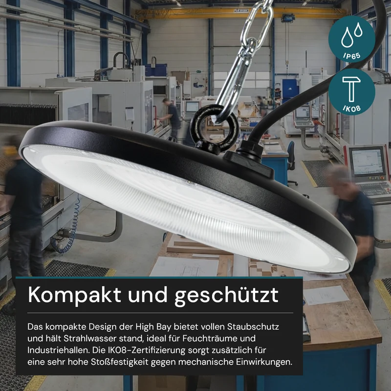 LED-HighBay, UFO, schwarz, 100 W, 10000 lm, 3CCT 3000-6500 K (warm-, neutral-, kaltweiß), IP65