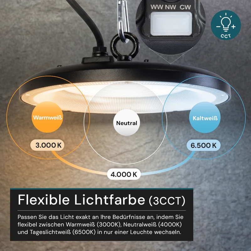 LED-HighBay, UFO, schwarz, 100 W, 10000 lm, 3CCT 3000-6500 K (warm-, neutral-, kaltweiß), IP65