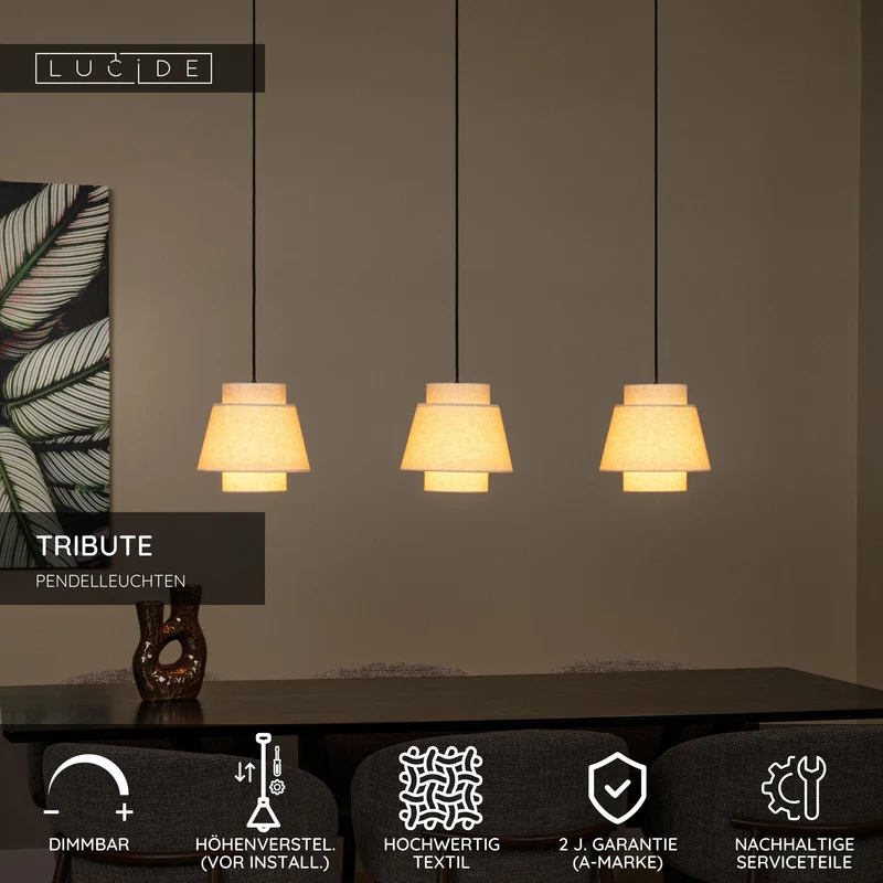 Pendelleuchte Tribute 3-flammig mit rechteckigem Stoffschirm 120cm