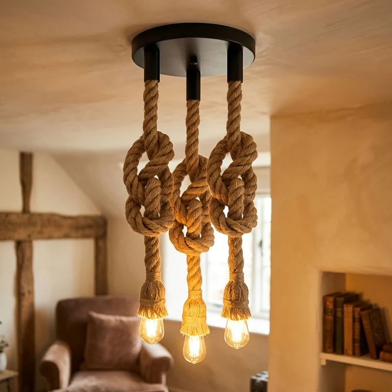 Rustikale Taulampe Hanfseil – Vintage Pendelleuchte Loft | E27 ~3496