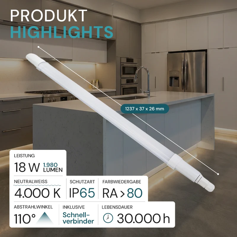 LED Feuchtraumleuchte, 120 cm, 18 W, 1980 lm, 4000 K (neutralweiß), IP65, Fast Connector