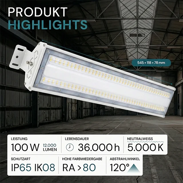 LED-Hallenleuchte, linear, 100 W, 12000 lm, 5000 K (neutralweiß), IP65, EPISTAR LED, weiß