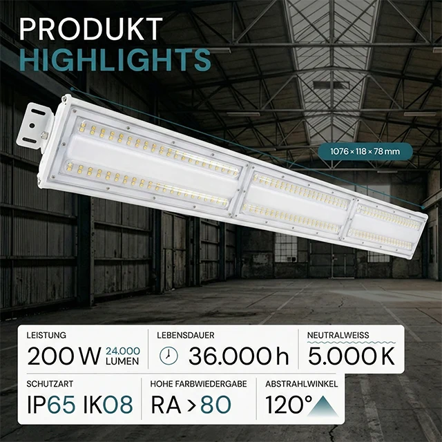 LED-Hallenleuchte, linear, 200 W, 24000 lm, 5000 K (neutralweiß), IP65, EPISTAR LED, weiß