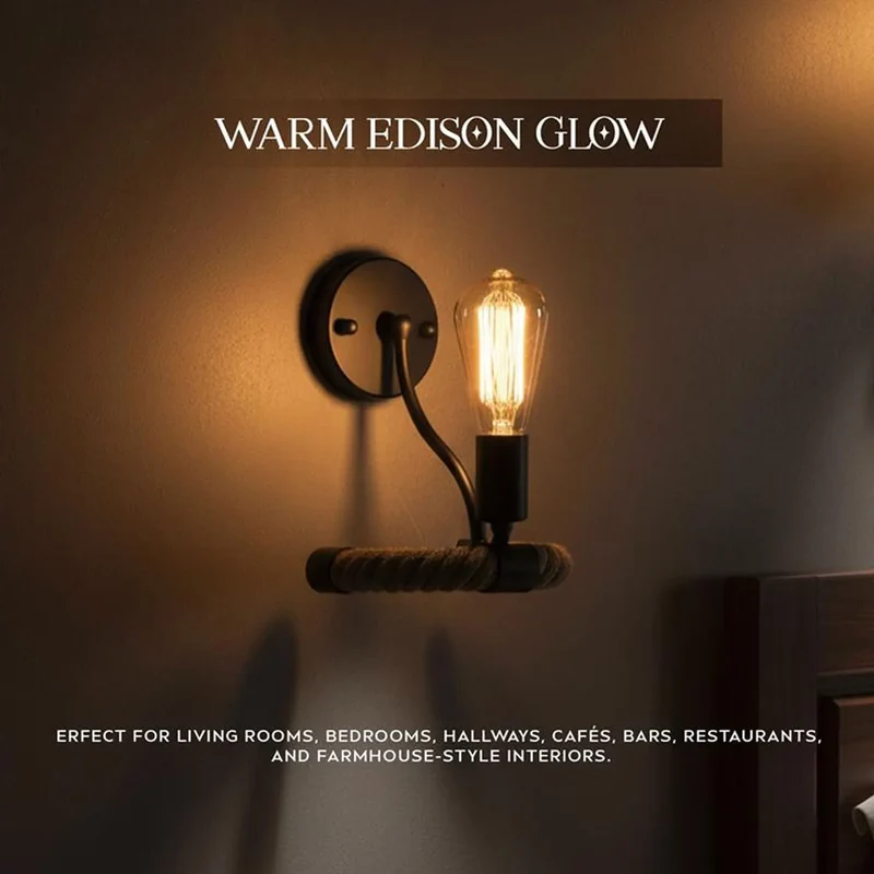 Retro Industrie Loft Seil Wandleuchte Schwarz | E27 Edison~3442