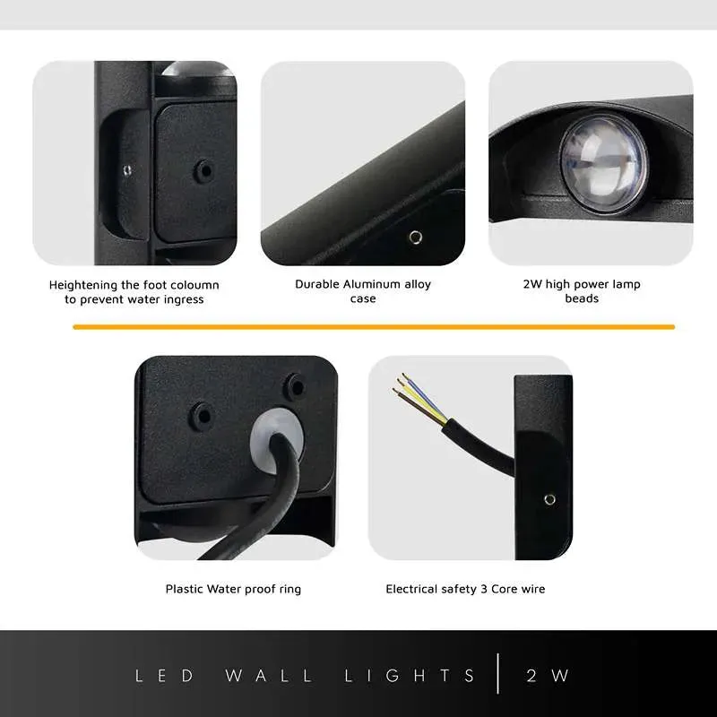 2W LED Innen-Außen Schwarz Gebogen UP Down Wandleuchte~3441