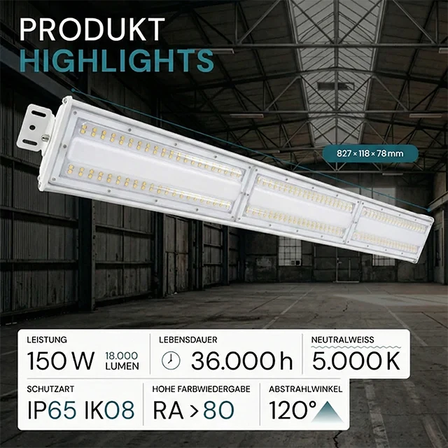 LED-Hallenleuchte, linear, 150 W, 18000 lm, 5000 K (neutralweiß), IP65, EPISTAR LED, weiß
