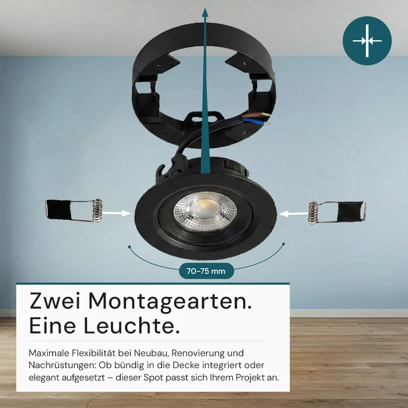 LED CCT Downlight, Ein- und Aufbaustrahler, schwenkbar, in Schwarz, 5 W, 500 lm, 38°, 3000K-6500K einstellbar