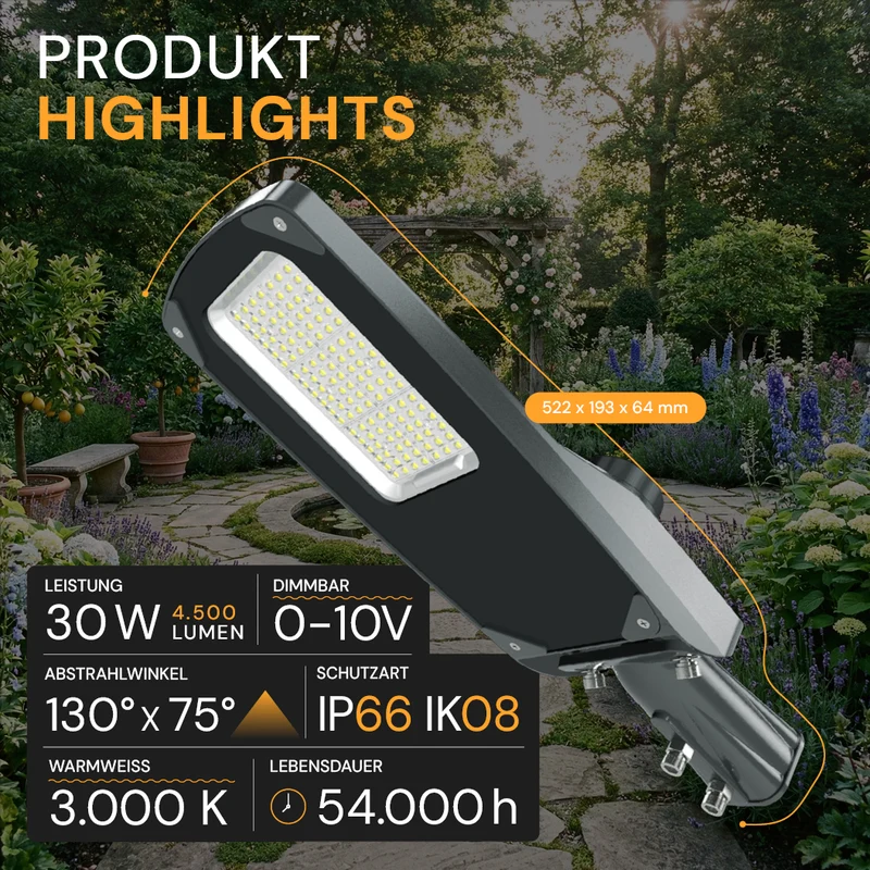 LED-Straßenleuchte PRO, 30 W, 4500 lm, 3000 K (warmweiß), IP66, SOSEN Driver, LUMILEDS LED