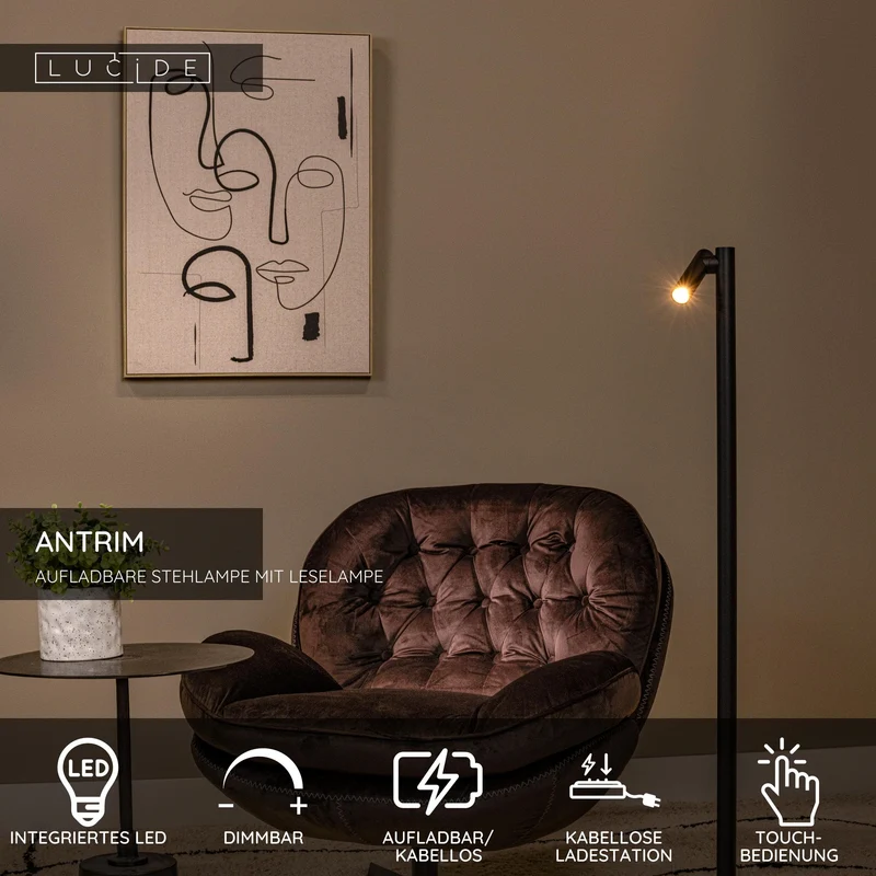 LED-Stehleuchte Antrim mit Lesearm, Akku und Touchdimmer, Schwarz, 120cm