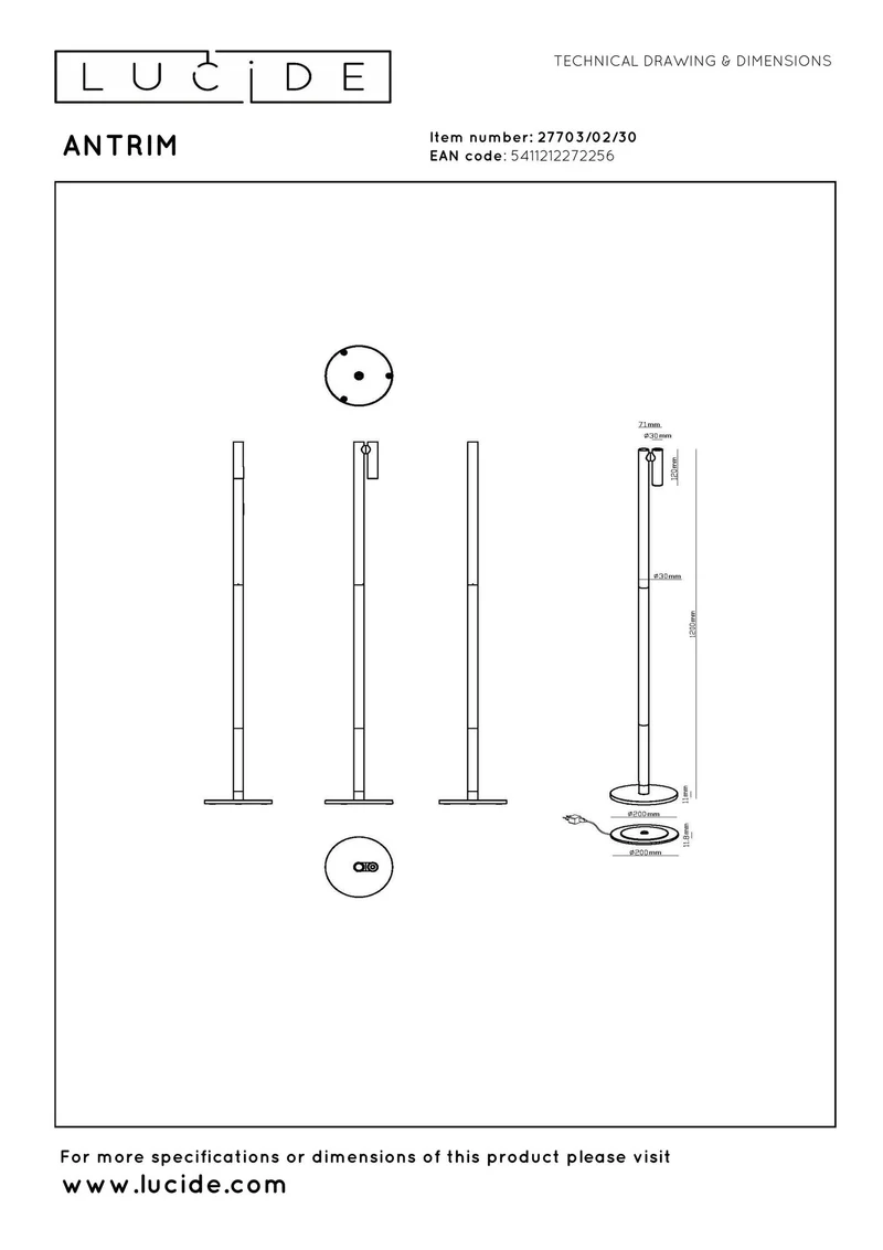 LED-Stehleuchte Antrim mit Lesearm, Akku und Touchdimmer, Schwarz, 120cm