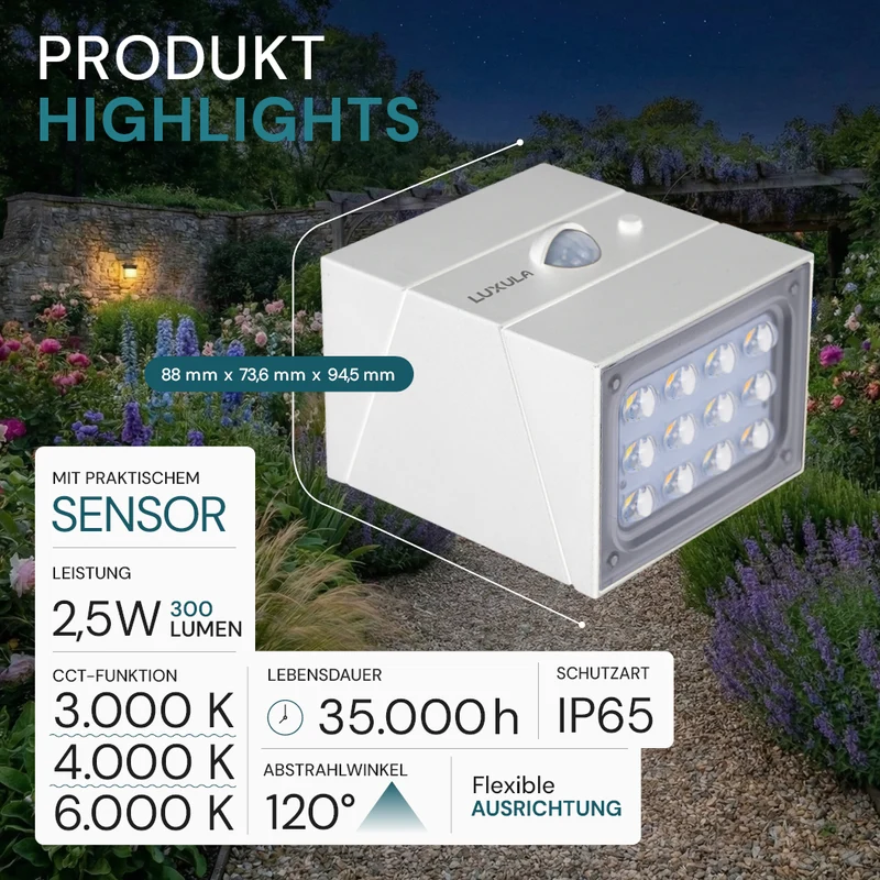 Solar LED Wandleuchte mit drehbarem Lichtkopf und Solarpanel, PIR-Sensor, IP65 und 3 CCT mit Akku, weiß
