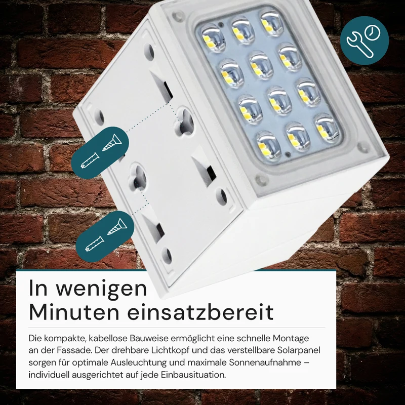 Solar LED Wandleuchte mit drehbarem Lichtkopf und Solarpanel, PIR-Sensor, IP65 und 3 CCT mit Akku, weiß