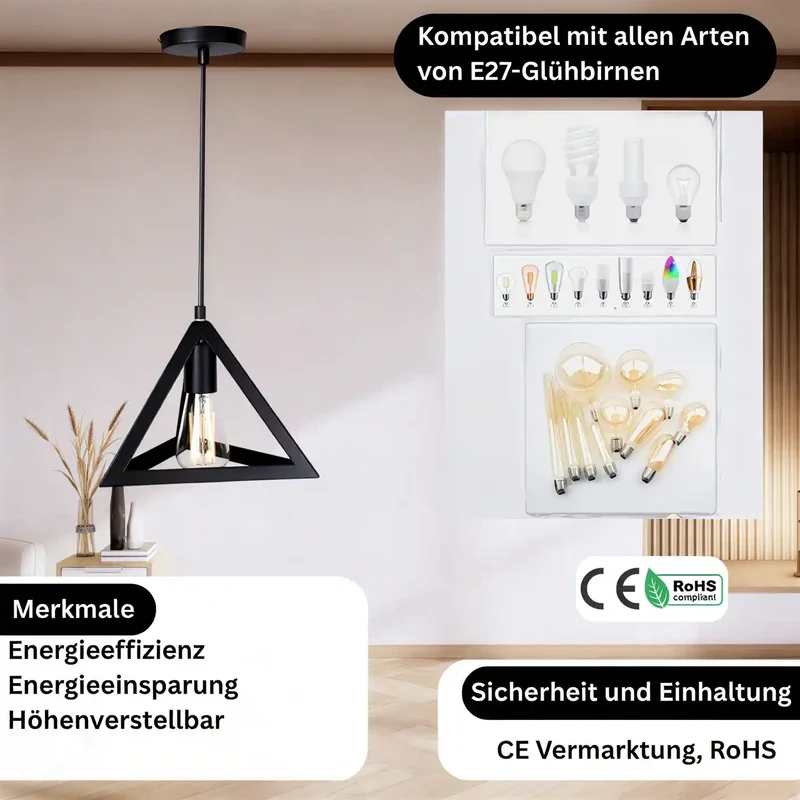 Moderne Dreieck Drahtkorb Pendelleuchte Schwarz~3459