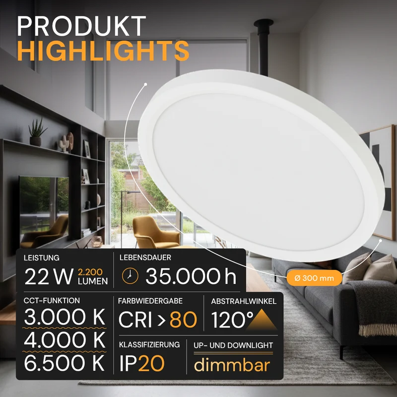 LED Panel mit Fernbedienung, 22 W, 2200 lm, 3000–6500 K