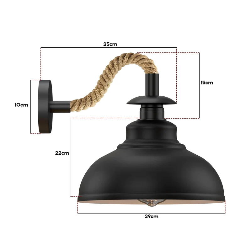 Ledsone wandleuchte schwarz hanfseil ~3527