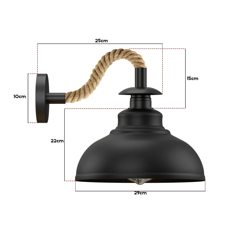 Ledsone wandleuchte schwarz hanfseil ~3527
