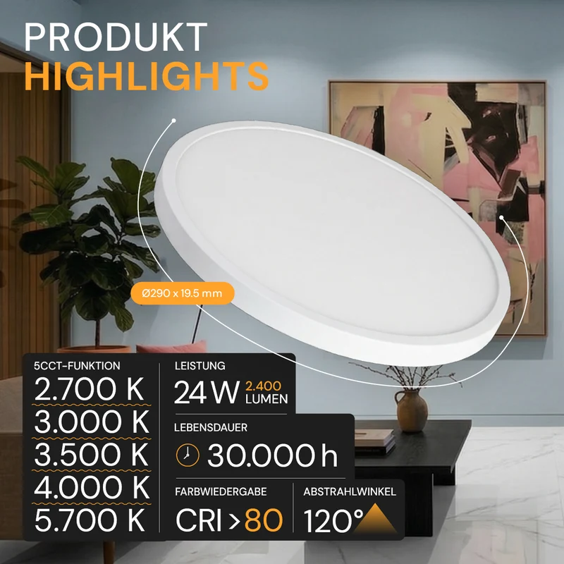 LED CCT Einbauleuchte, 24 W, 2400 lm, 5CCT, 2700–5700 K