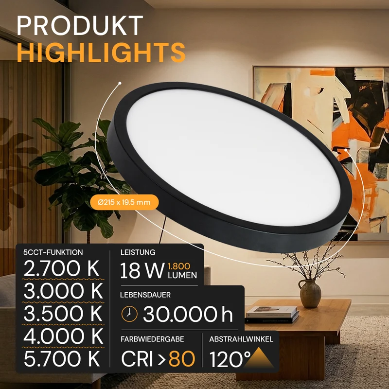 LED Einbauleuchte, 18 W, 1800 lm, 5CCT, 2700–5700 K