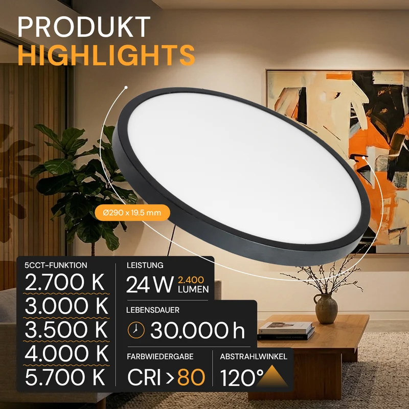 LED Einbauleuchte, 24 W, 2400 lm, 5CCT, 2700–5700 K