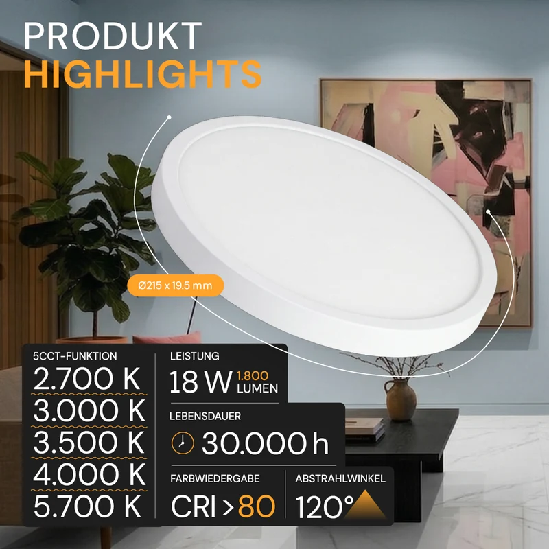 LED Einbauleuchte, 18 W, 1800 lm, 5CCT, 2700–5700 K