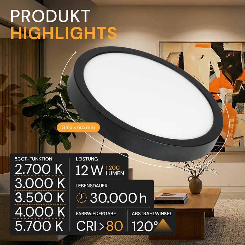 LED CCT Einbauleuchte, 12 W, 1200 lm, 5CCT, 2700–5700 K