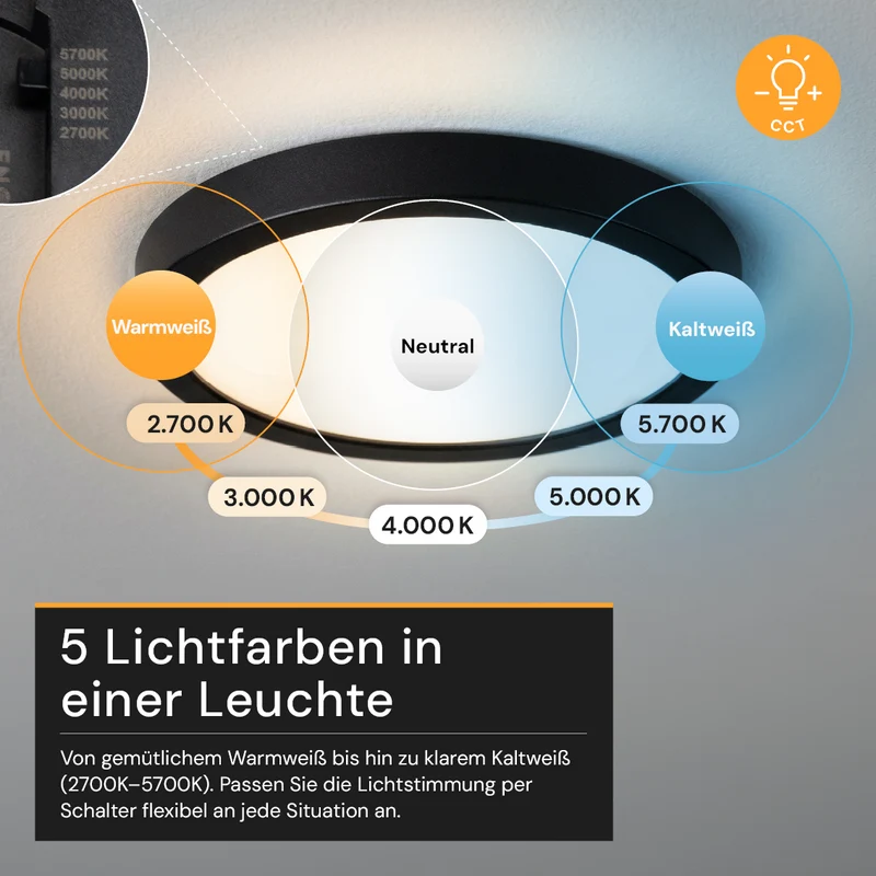 LED CCT Einbauleuchte, 12 W, 1200 lm, 5CCT, 2700–5700 K