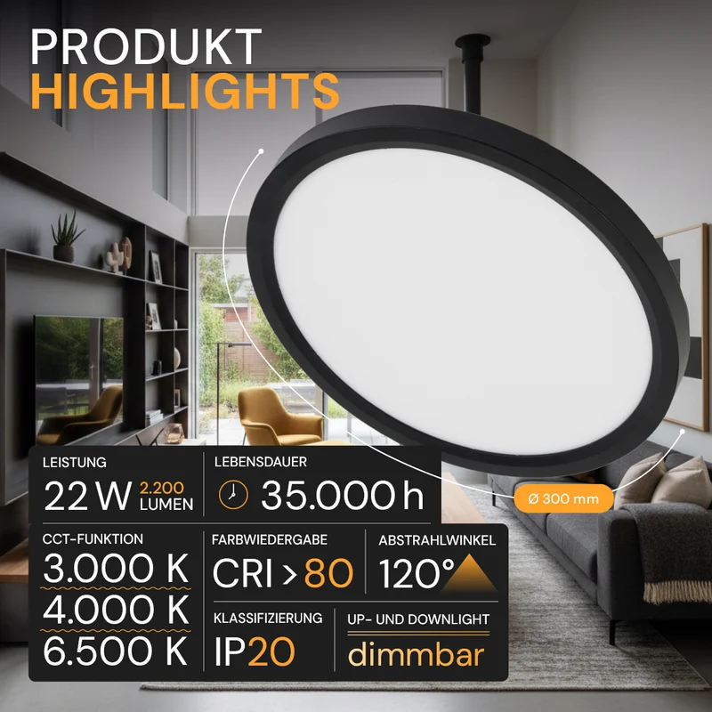 LED Panel mit Fernbedienung, 22 W, 2200 lm, 3000–6500 K