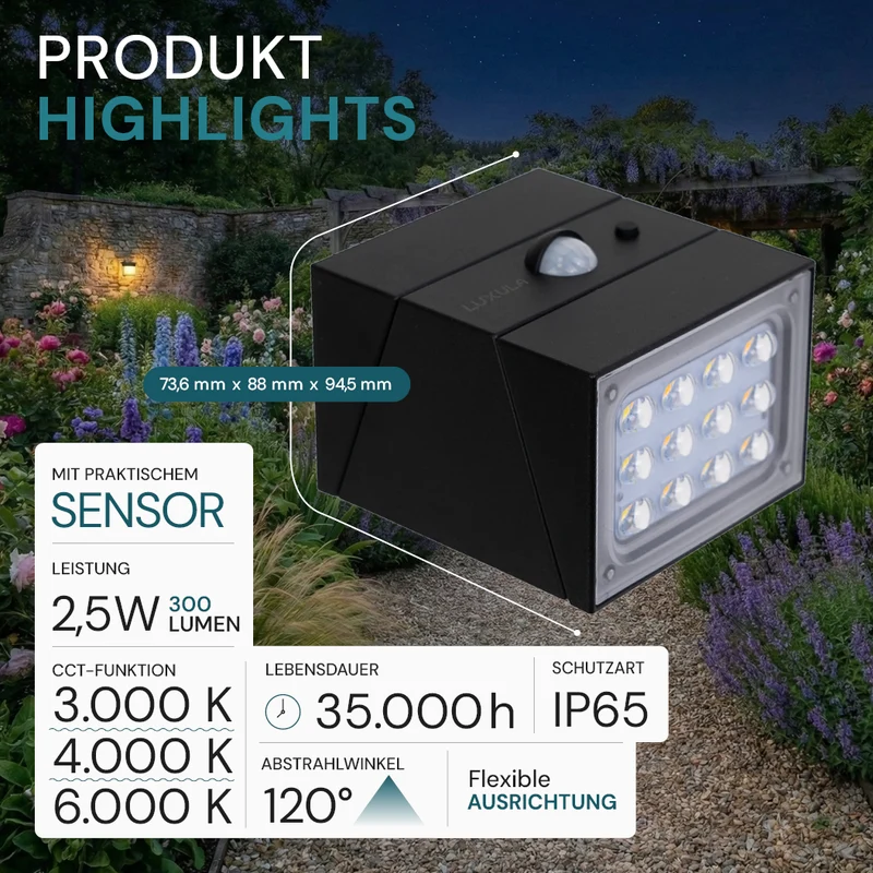 Solar LED Wandleuchte mit drehbarem Lichtkopf und Solarpanel, PIR-Sensor, IP65 und 3 CCT mit Akku, schwarz
