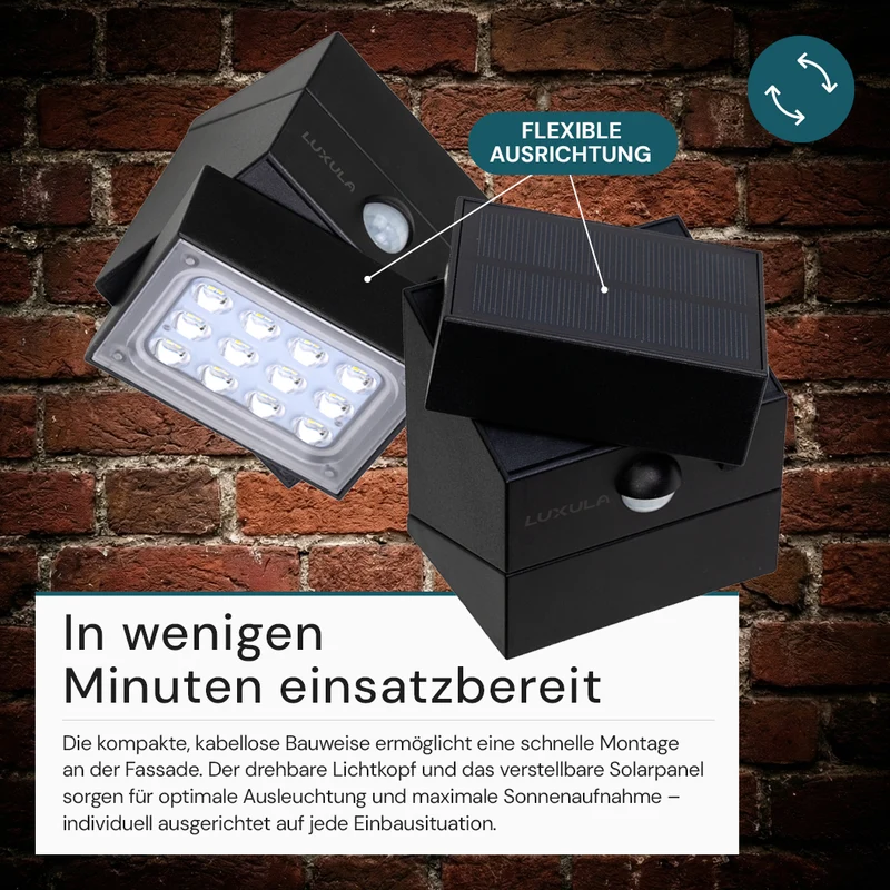 Solar LED Wandleuchte mit drehbarem Lichtkopf und Solarpanel, PIR-Sensor, IP65 und 3 CCT mit Akku, schwarz