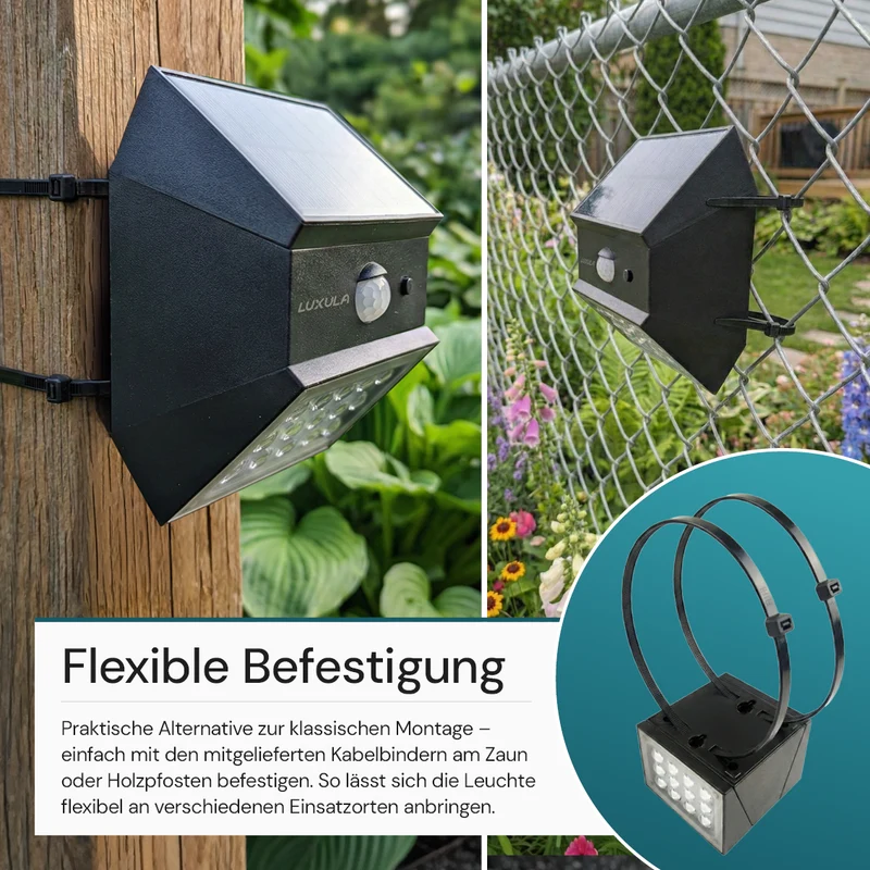 Solar LED Wandleuchte mit drehbarem Lichtkopf und Solarpanel, PIR-Sensor, IP65 und 3 CCT mit Akku, schwarz
