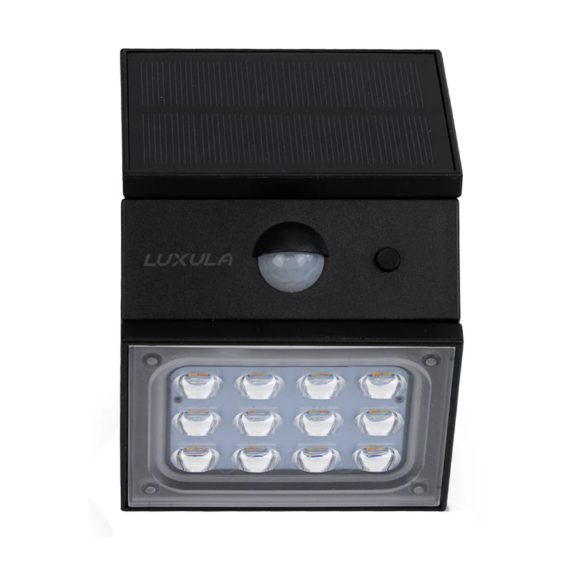 Solar LED Wandleuchte mit drehbarem Lichtkopf und Solarpanel, PIR-Sensor, IP65 und 3 CCT mit Akku, schwarz
