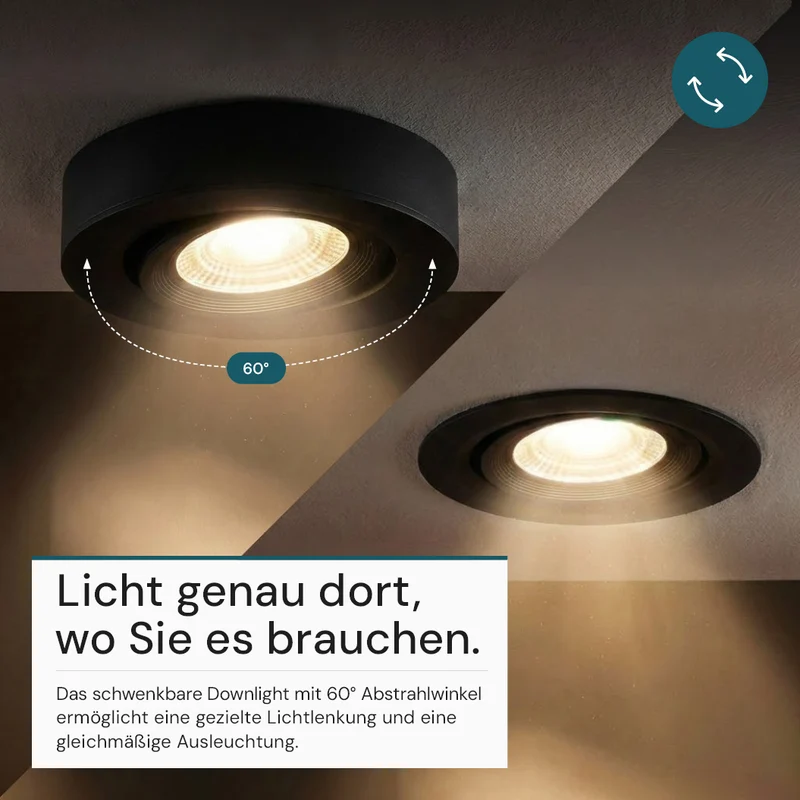 LED CCT Downlight, Ein- und Aufbaustrahler, schwenkbar, in Schwarz, dimmbar, 5 W, 420 lm, 60°, 3000K-4000K-6500K einstellbar