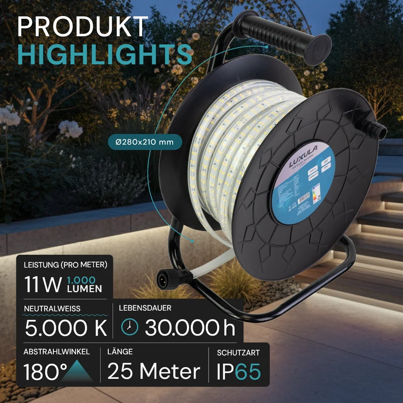 LED-Streifen, Baustrahler, 25 m, 5000 K (neutralweiß), IP65-wassergeschützt, 1000 lm/m, 180 LED/m, 220 V AC, EU-Stecker, Lichtbandtrommel, kürzbar und erweiterbar, Außen/Innen