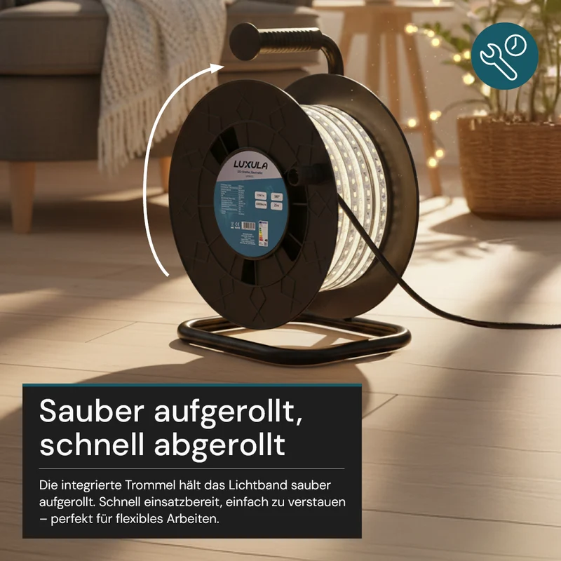 LED-Streifen, Baustrahler, 25 m, 5000 K (neutralweiß), IP65-wassergeschützt, 1000 lm/m, 180 LED/m, 220 V AC, EU-Stecker, Lichtbandtrommel, kürzbar und erweiterbar, Außen/Innen