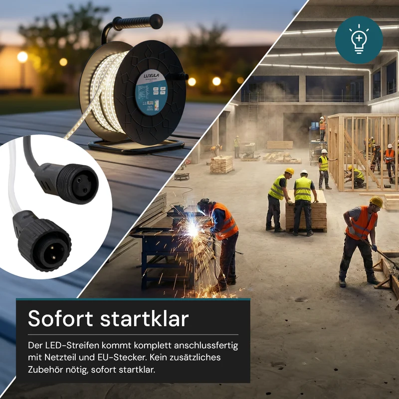 LED-Streifen, Baustrahler, 25 m, 5000 K (neutralweiß), IP65-wassergeschützt, 1000 lm/m, 180 LED/m, 220 V AC, EU-Stecker, Lichtbandtrommel, kürzbar und erweiterbar, Außen/Innen