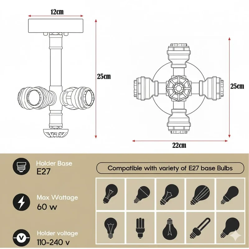 Industrielle Deckenleuchte 4 flammig Wasserrohr Design ~3517